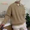 Fall Winter Men Sweater Turn-down Collar Half Zipper Long Sleeves Solid Color Loose Knitted Top Daily Wear School Work Knitwear