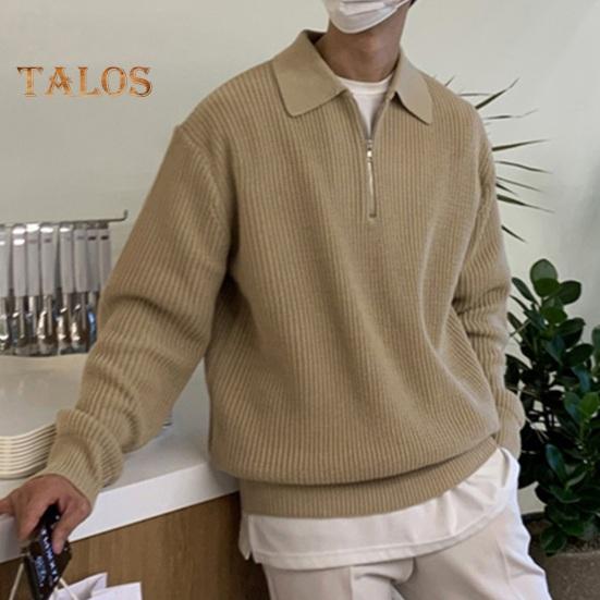 Fall Winter Men Sweater Turn-down Collar Half Zipper Long Sleeves Solid Color Loose Knitted Top Daily Wear School Work Knitwear