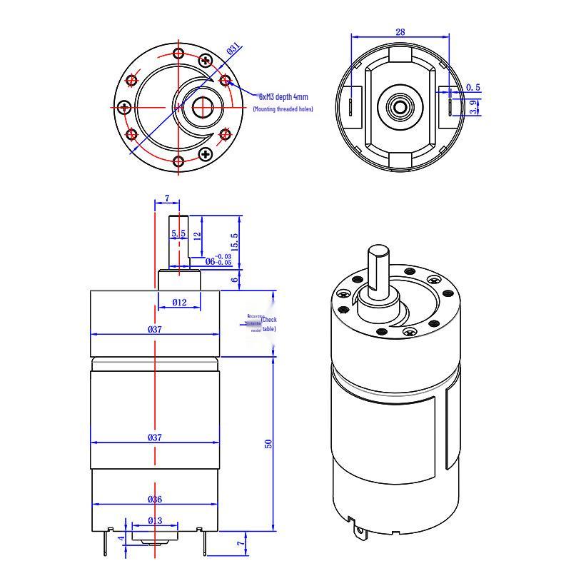 37mm 12/24V Mini DC Geared Motor with 545 Brushed Low-Speed Reducer