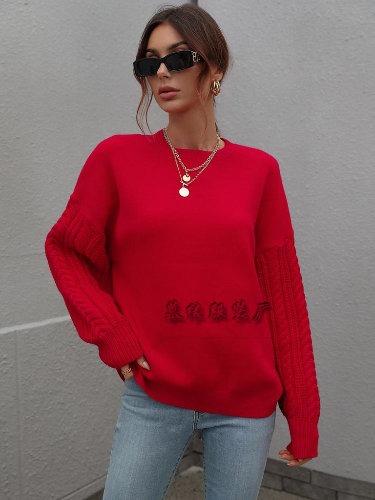 Autumn and Winter Solid Color Knitted Sweater Women's Long-sleeved Thick Needle Round Neck Twisted Rope Top European and American Sweater Women