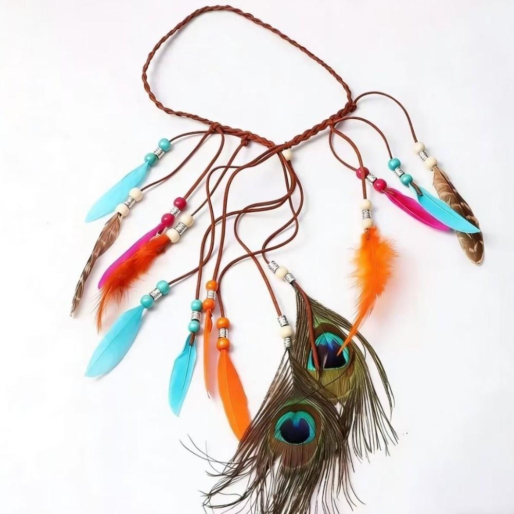 Intricate Beadwork Bohemian Tassel Headband Tribal Feather Hair Extensions Themed Photoshoot Props
