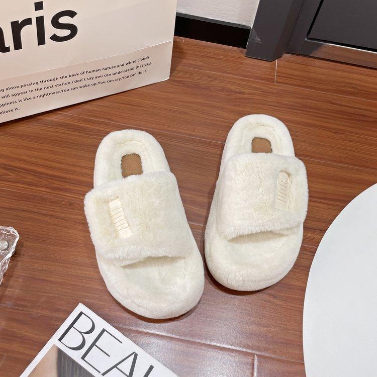 European muffin thick-soled fluffy shoes for women's 2025 autumn and winter new fashionable versatile open-toed cotton slippers one-word drag