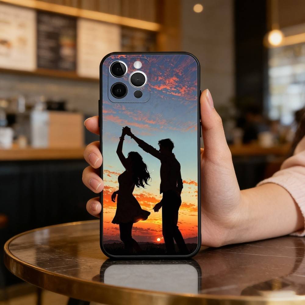 Romantic Couple Silhouettes Phone Case For iPhone 17,16,15,14,13,12,11 Plus,Pro Max,Soft Silicone Black Cover