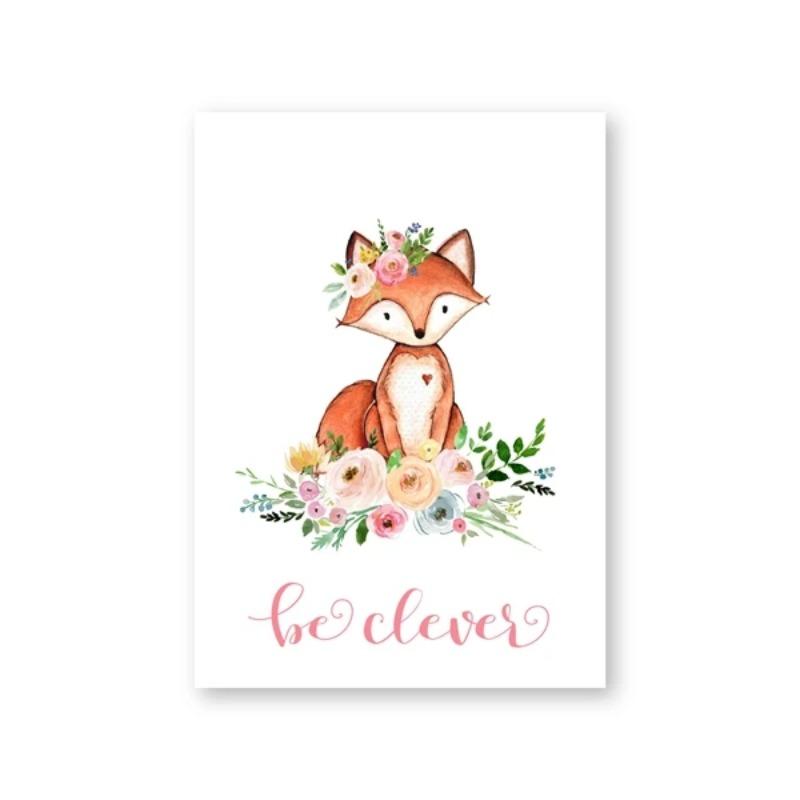 Watercolor Woodland Animal with Flowers Art Poster Prints Canvas Painting Kids Girls Room Bedroom Office Home Wall Decoration