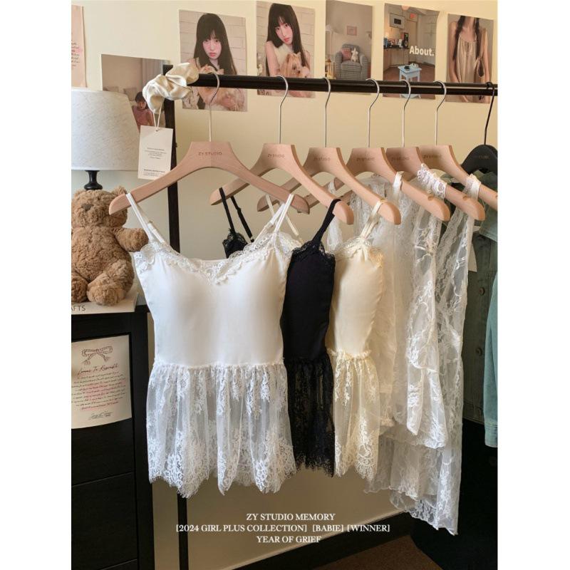 Winter 2024 Women's Lace Slip Dress - Sleeveless, Layered, Waist-Hugging with Bow