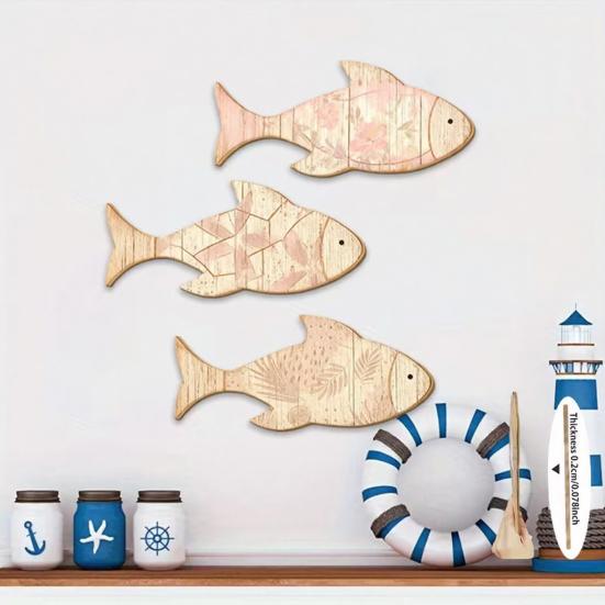 3Pcs/Set Wooden Fish Wall Decoration, Plants Pattern Fish Wall Art for Beach, Lake House, Nautical Coastal Ocean Theme Hanging Ornament