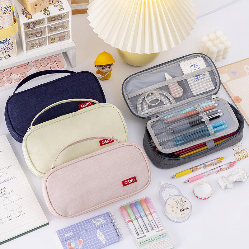 Handheld Double-layer Pencil Case Oxford Cloth Solid Color Student Case Pencil with Pen Clip Compartment Storage Bag School Stationery