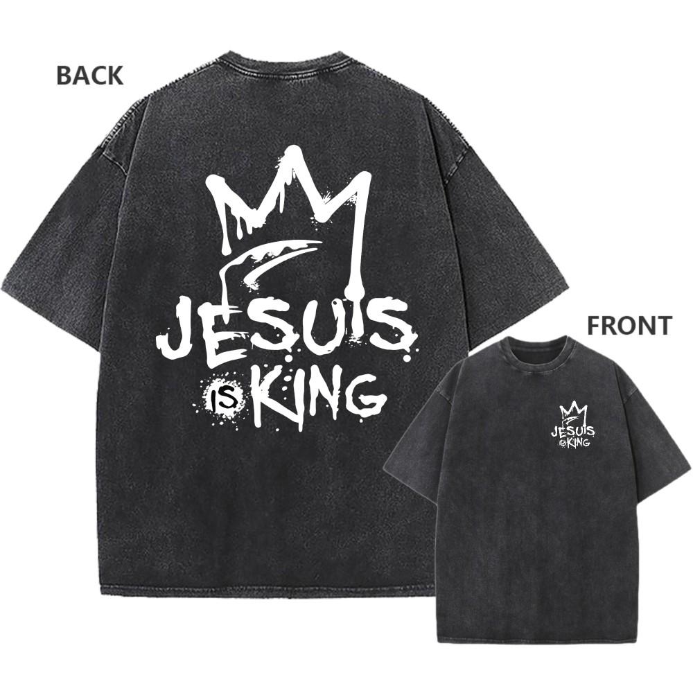 Men s Vintage Washed Cotton Oversized T-Shirt Jesus Is King Faith Graphic Tee S