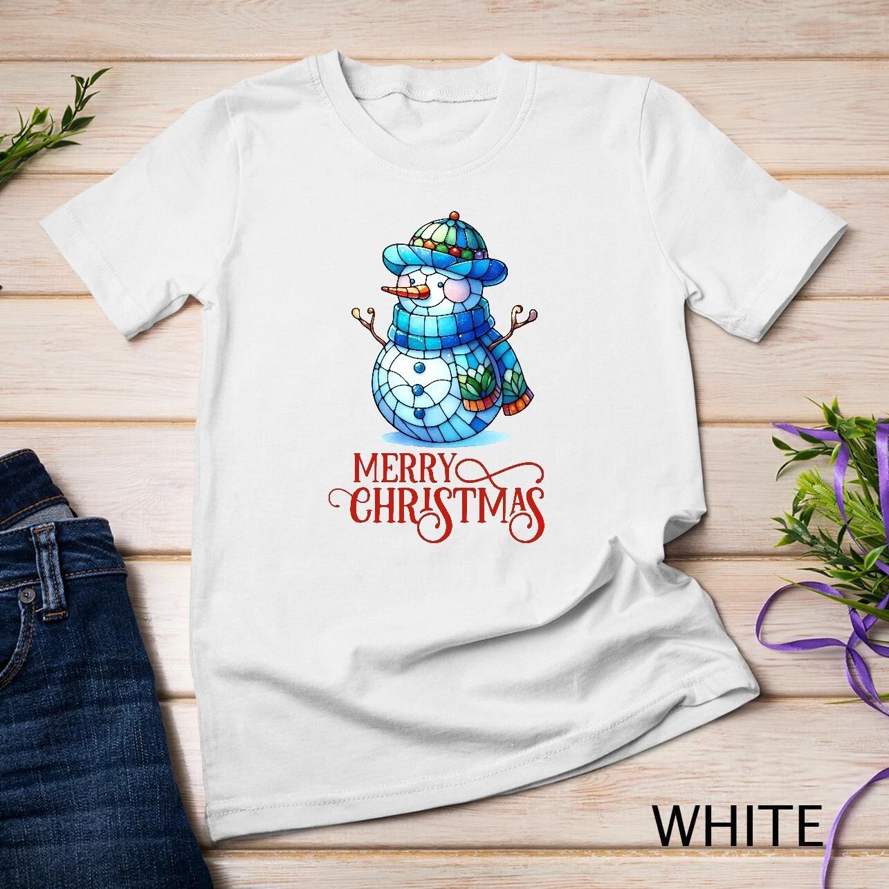 Cute Stained Glass Snowman Christmas Graphic Tee Funny Christmas Unisex T-shirt 1 4XL