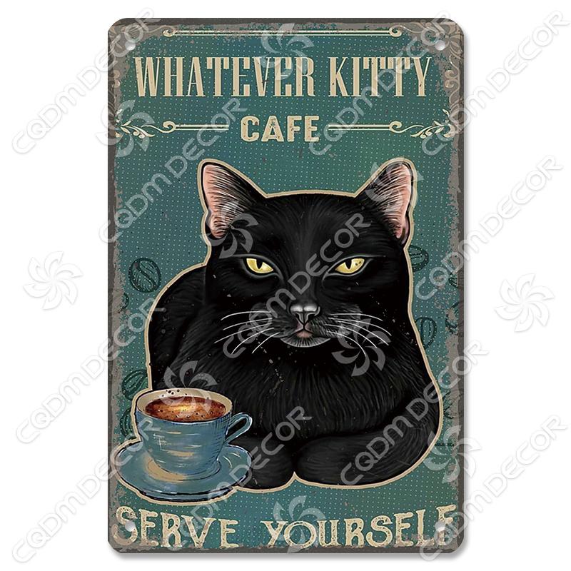 Black Cat Tin Sign Metal Plaque Read Books Drink Wine Pet Metal Poster Vintage Wall Decor for Coffee Shop Kitchen Bathroom Home