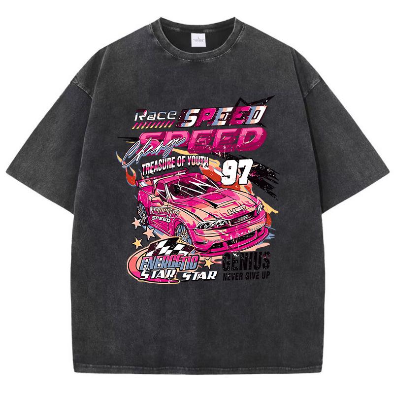 Oversized Woman Washed T-Shirts Race Car Energetic Speed Print Short Sleeve Distressed Crewneck Cotton Tops Trend Clothes