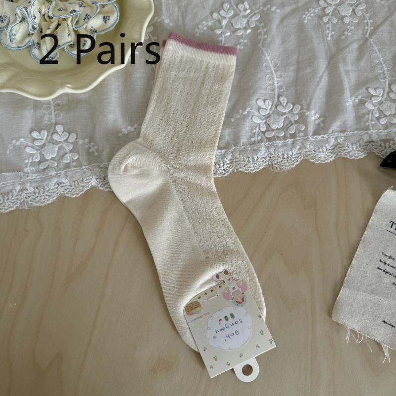 

2 Pairs of Summer Light-colored Matching-color Open-weave Retro Vine-patterned Cotton Socks for Children, Sweet Mid-calf Socks 2 pairs слонова кістка