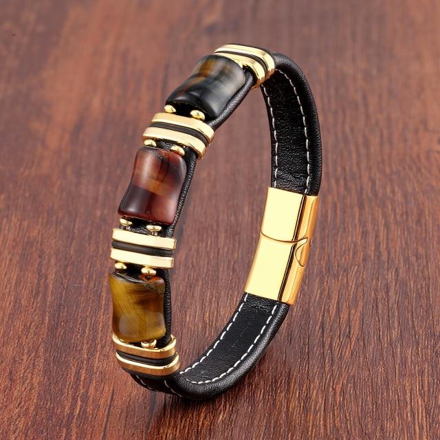 Natural Stone ,Tiger Eye Bracelet ,Black Leather Rope Chain ,Men Bracelet ,Stainless Steel Bracelet ,Women Fashion Jewelry ,Wholesale