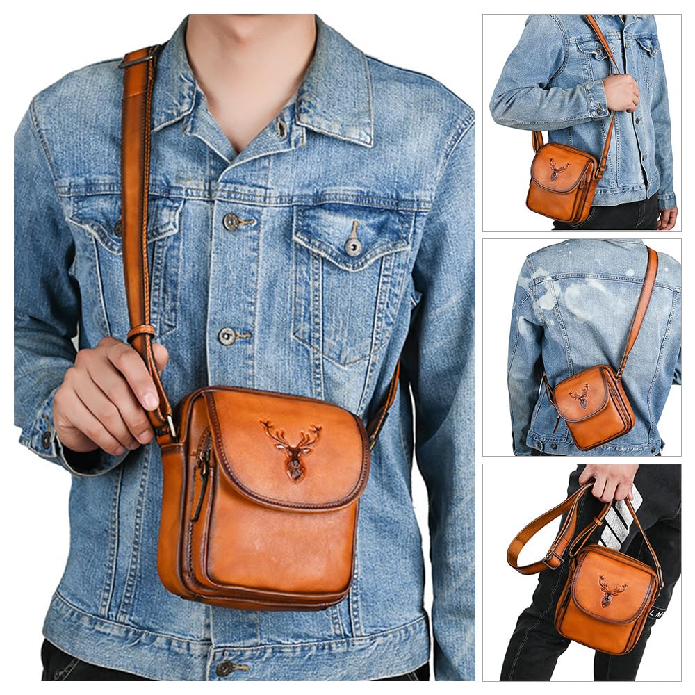 Whatna Antique-Style Tanned Natural Cowhide Leather Mini Shoulder Bag for Men, Small Messenger Bag, Vertical Design, Fits iPad Mini, Genuine Leather,