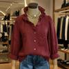 Women Shirt V-Neck Lace Trim Long Sleeve Pullover Tops Pure Color Embroidery Flower Pattern