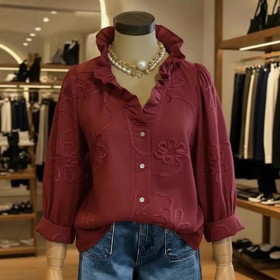 Women Shirt V-Neck Lace Trim Long Sleeve Pullover Tops Pure Color Embroidery Flower Pattern