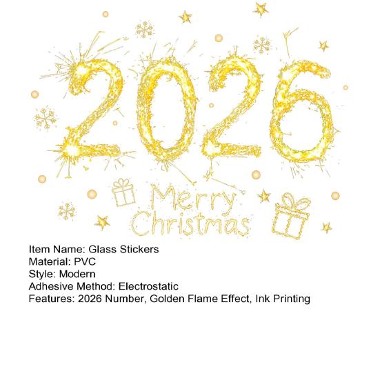 Christmas Glass Stickers 2026 Number Blessings Golden Flame Effect Waterproof Easy to Apply New Year Window Decals