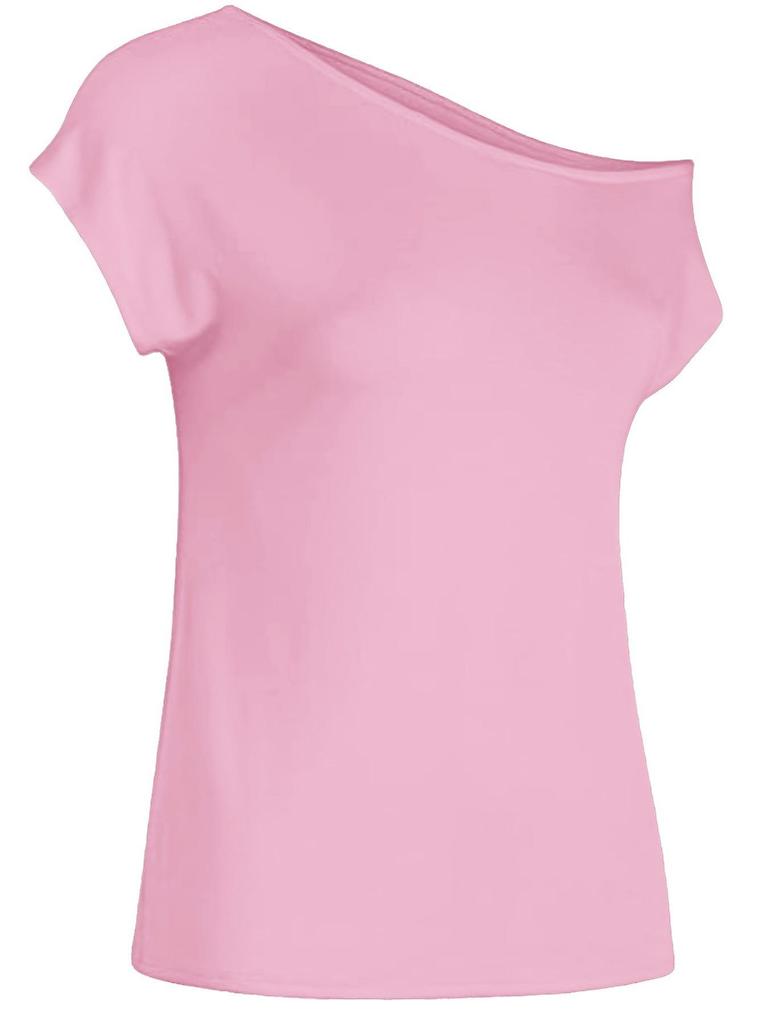 Korean Style Casual Women's Slanted Neck Off-Shoulder Irregular Short-Sleeve T-shirt
