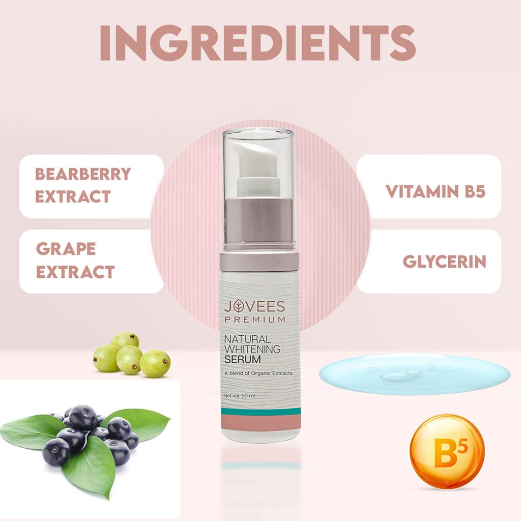 Jovees Natural Whitening Face Serum 50ml | Brightens Dull Skin | Reduces Dark Spots & Uneven Tone | Radiance Boosting Lightweight Daily Serum