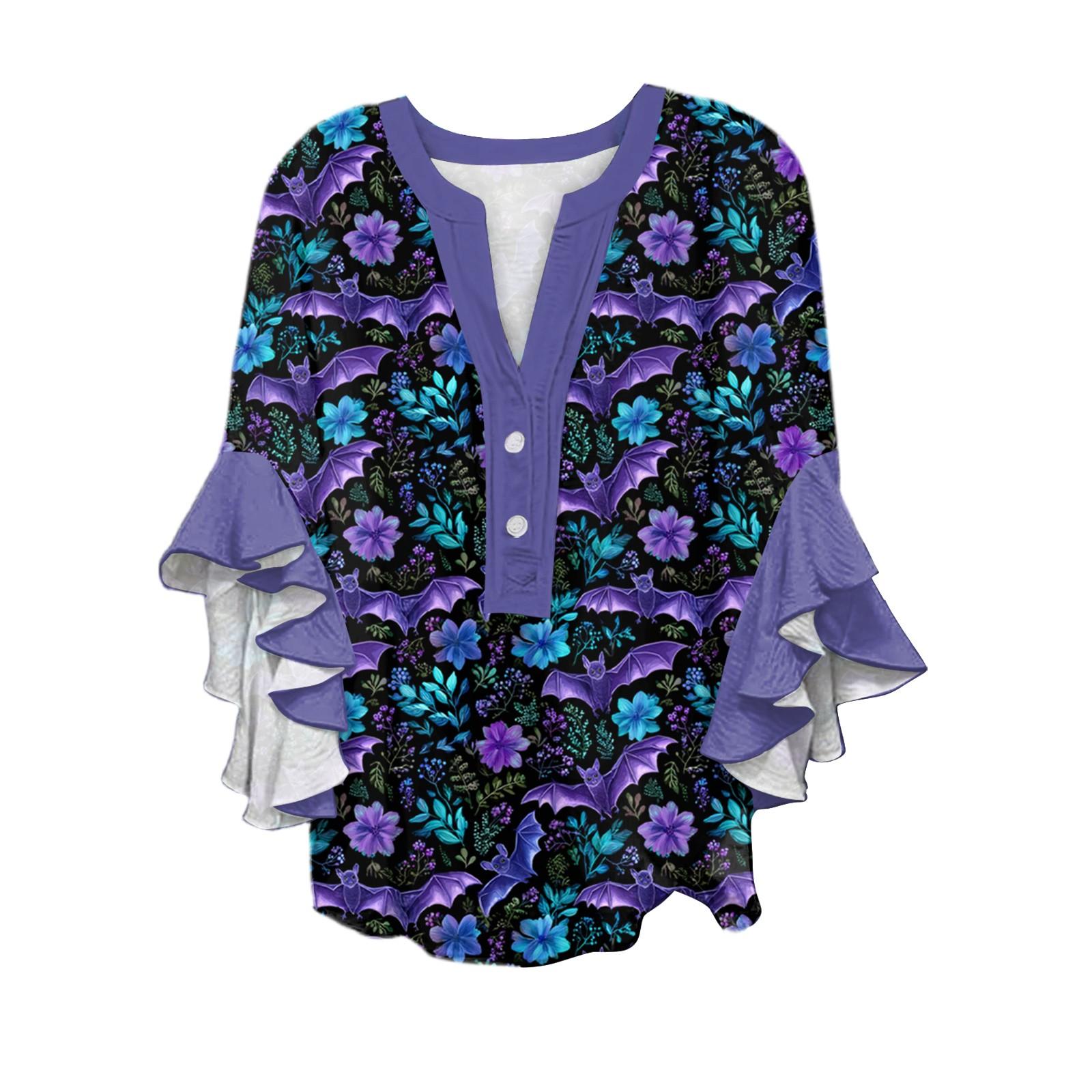 

Women s V-neck Seven Quarter Sleeved Shirt Halloween Printed Top Casual Shirt XXL