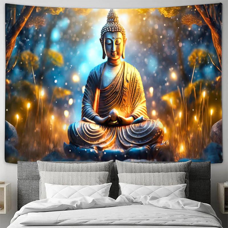 Buddha Meditation Forest Light Spirit Wall Tapestry Machine Washable All Season Decor Art Print Zen Spiritual Design Home