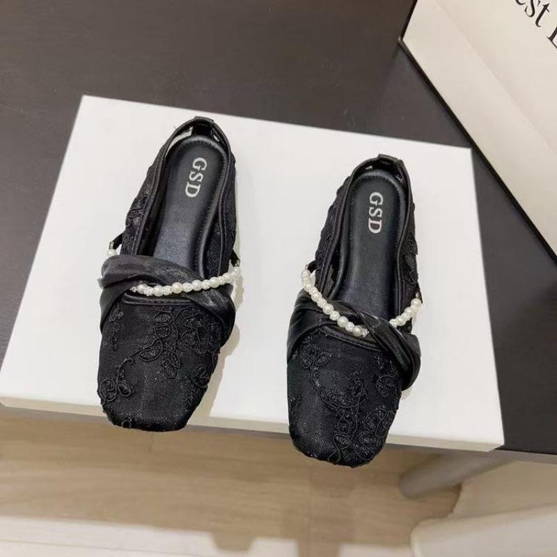Chinese-style pearl mesh soft-soled sandals summer new shoes flat-bottomed bag head wearing half slippers women