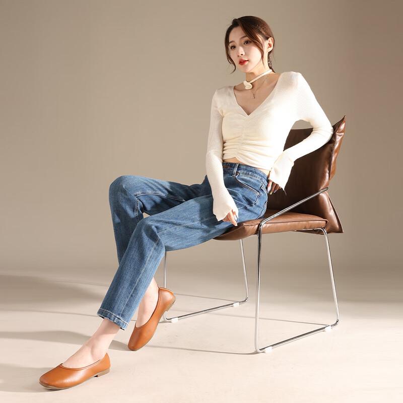 RAIN.CUN Women's High-Waist Slim Straight Cropped Jeans