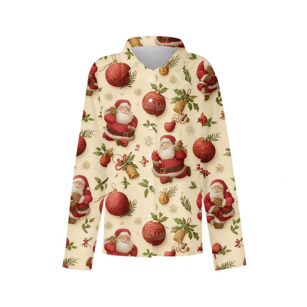 Women's Christmas Printed Button Up Long Sleeved Casual Regular Shirt With Collar Top