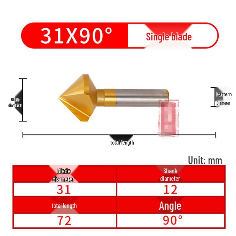 90° Titanium-Coated Chamfering Tool, Single/Three-Flute, 45° Countersink and Deburrer for Stainless Steel.