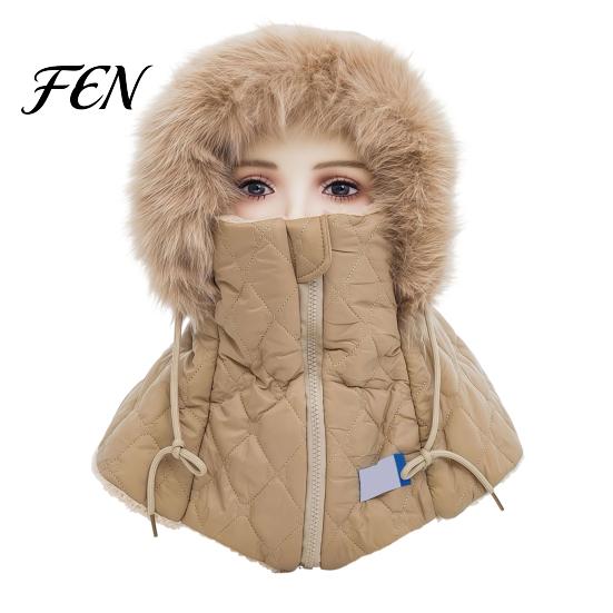 Adjustable Outdoor Riding Headgear Women Winter Balaclava Hat, Quilted Face Mask Hood Zipper Closure, Fuzzy Trim, Windproof Ski Cap with Fleece Lined,