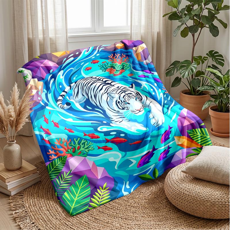 Tiger In Colorful Jungle Theme Blanket Lightweight Warm Flannel Blanket Decorative Throw Blanket for Home Decoration