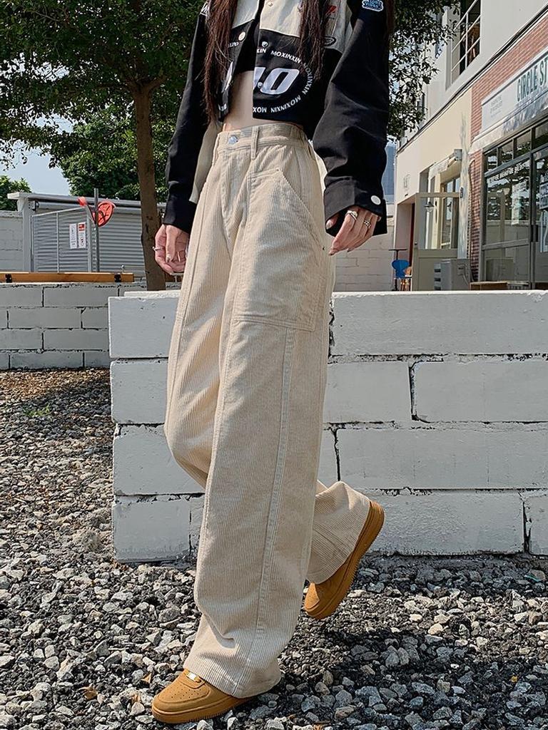 Pantaloni din Velur și Catifea côtelată Maro Retro Toamnă/Iarnă cu Crăpătură pe Picior Lărgit pentru Femei Înalte Talie Înaltă Colanți Lungi