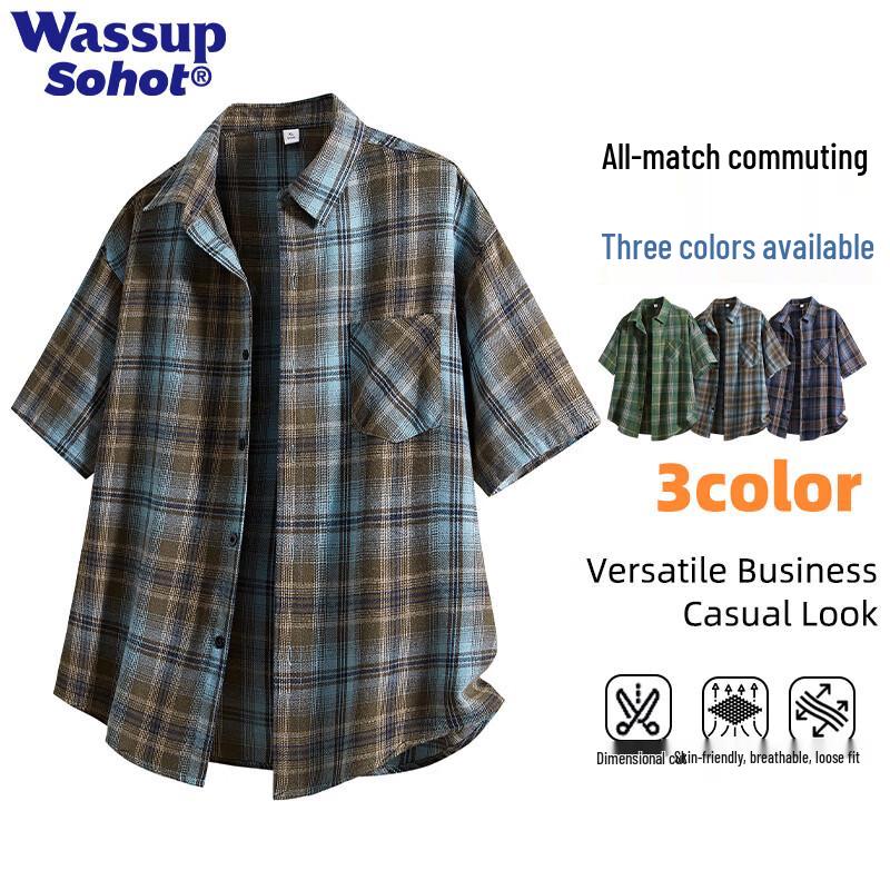 Wassup Sohot Men s Retro Plaid Short Sleeve Shirt M