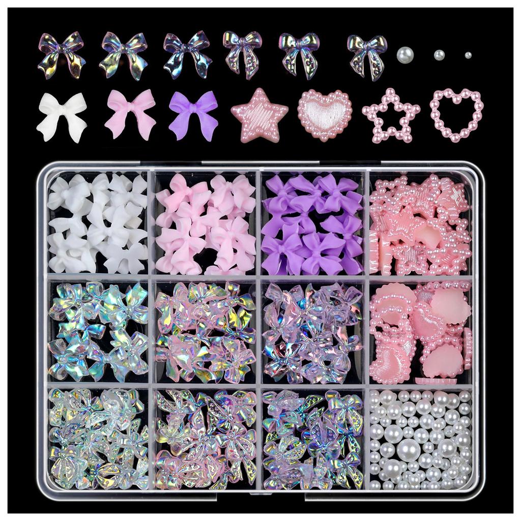 1 Box Colorful Mixed Nail Charms 3D Bowknot Flower Star Pearls Rhinestone Nail Art Decorations DIY Manicure for Nail Salon