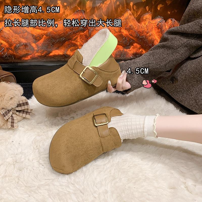 Leather thick-soled velvet two-wear women's shoes, new winter warm inner heightening bag head loafers cotton shoes