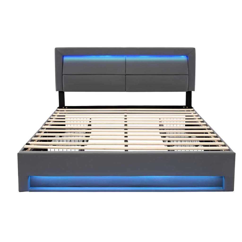 Polsterbett 160x200 cm, mit 4 Schubladen, Stauraum Bett mit USB-Anschluss, Doppelbett mit LED-Beleuchtung, PU, Grau (ohne Matratze)