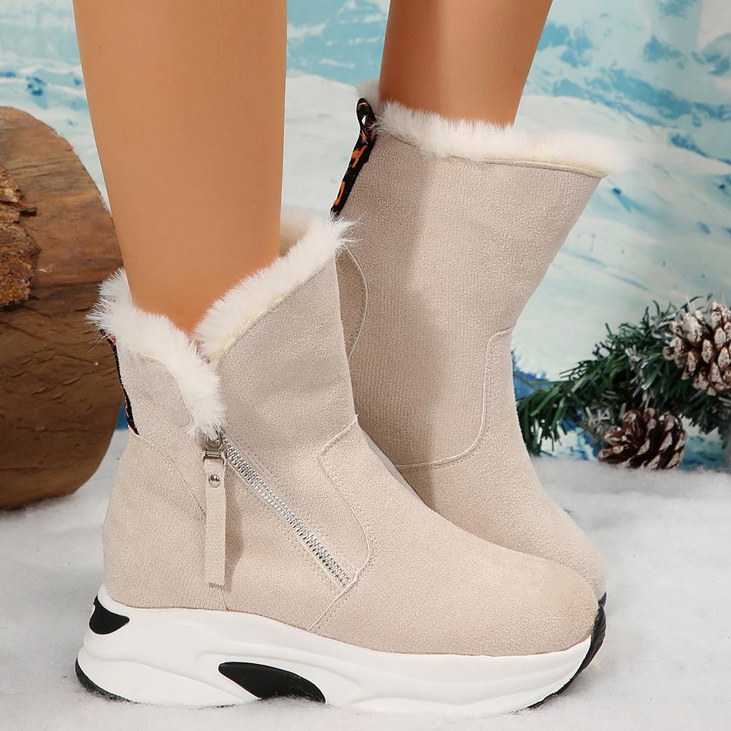 Lässige Dicke Sohle Einfarbig Fellige Schneestiefel Damen 2025 Winter Klobige Plateau Keilabsatz Stiefeletten Seitenreißverschluss Kunstfell Schuhe Dame