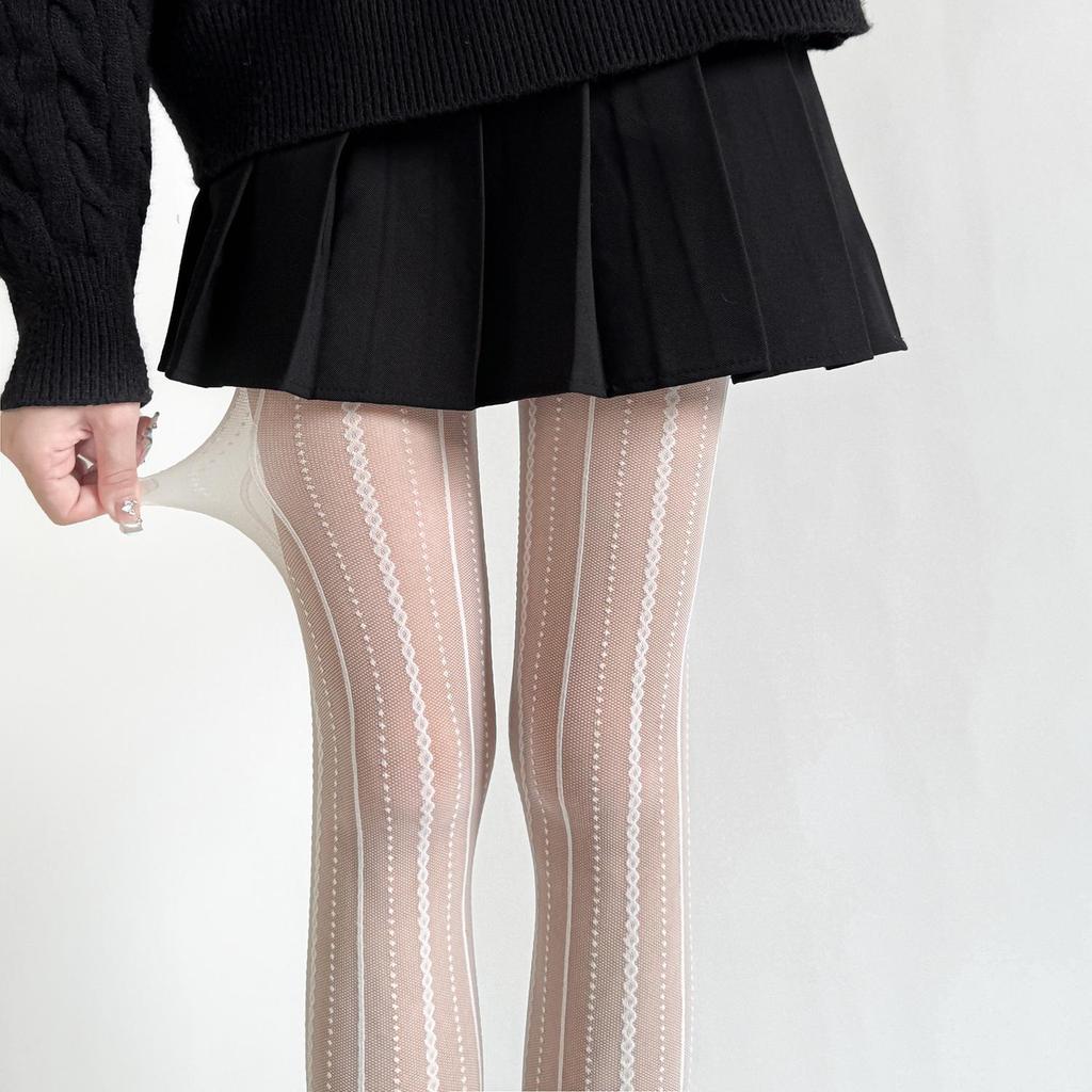 Vertical Stripe Lace Jacquard Fishnet Stockings 20D Slimming Anti-Run Mesh Pantyhose