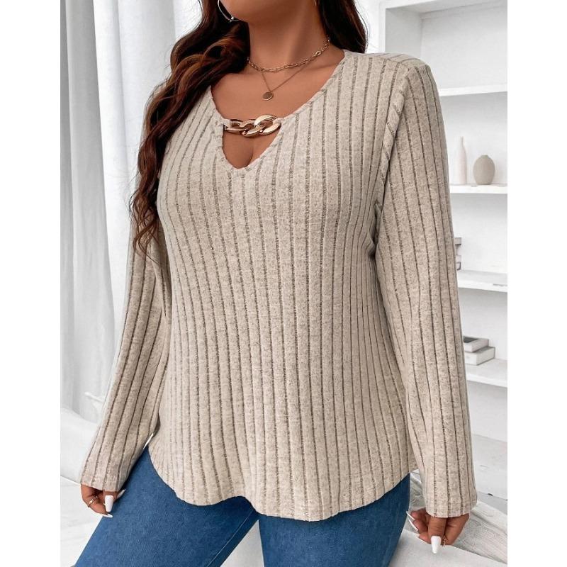 Women's Fashion Plus Size Casual Fall Winter Solid Color Print Long Sleeve V-Neck Pullovers & Long Sleeves