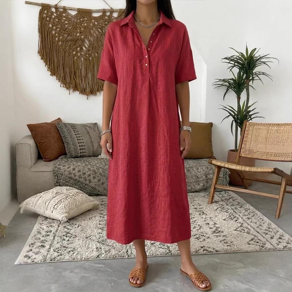 Women's Spring and Summer New Casual Straight Comfortable Polo Neck Linen Short Sleeve Dress