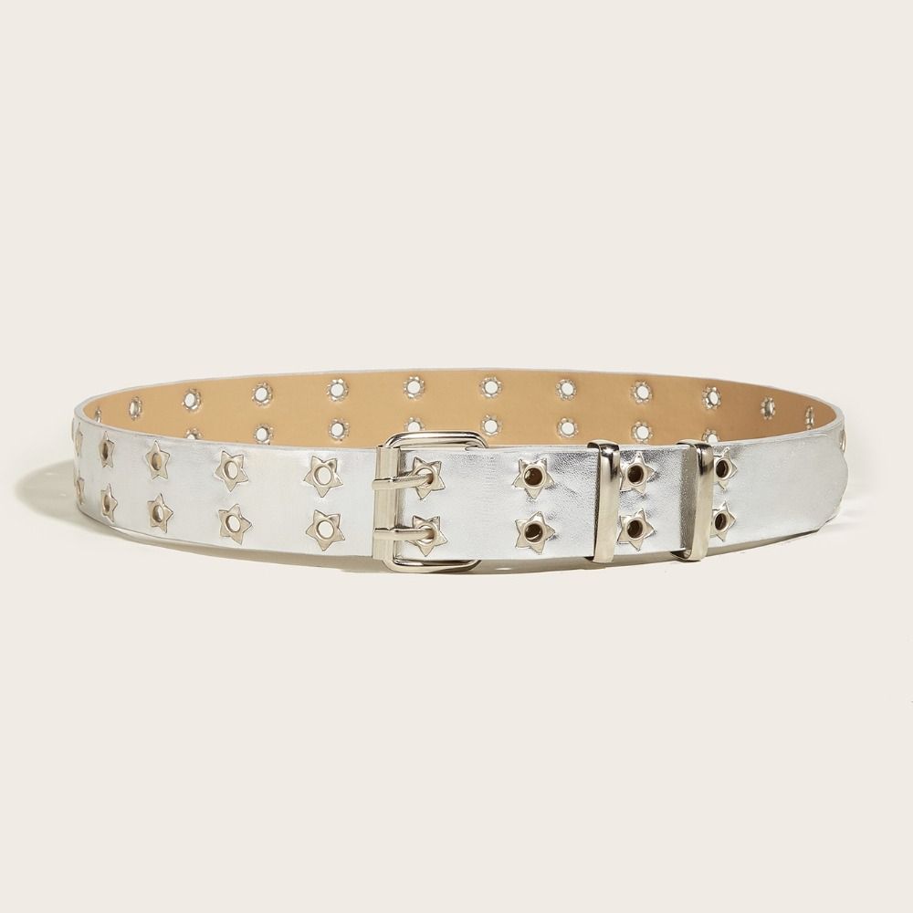 Star Eyelet Gothic Leather Belt Punk Rock Style Waist Band Y2k Double Pin Buckle Waistband