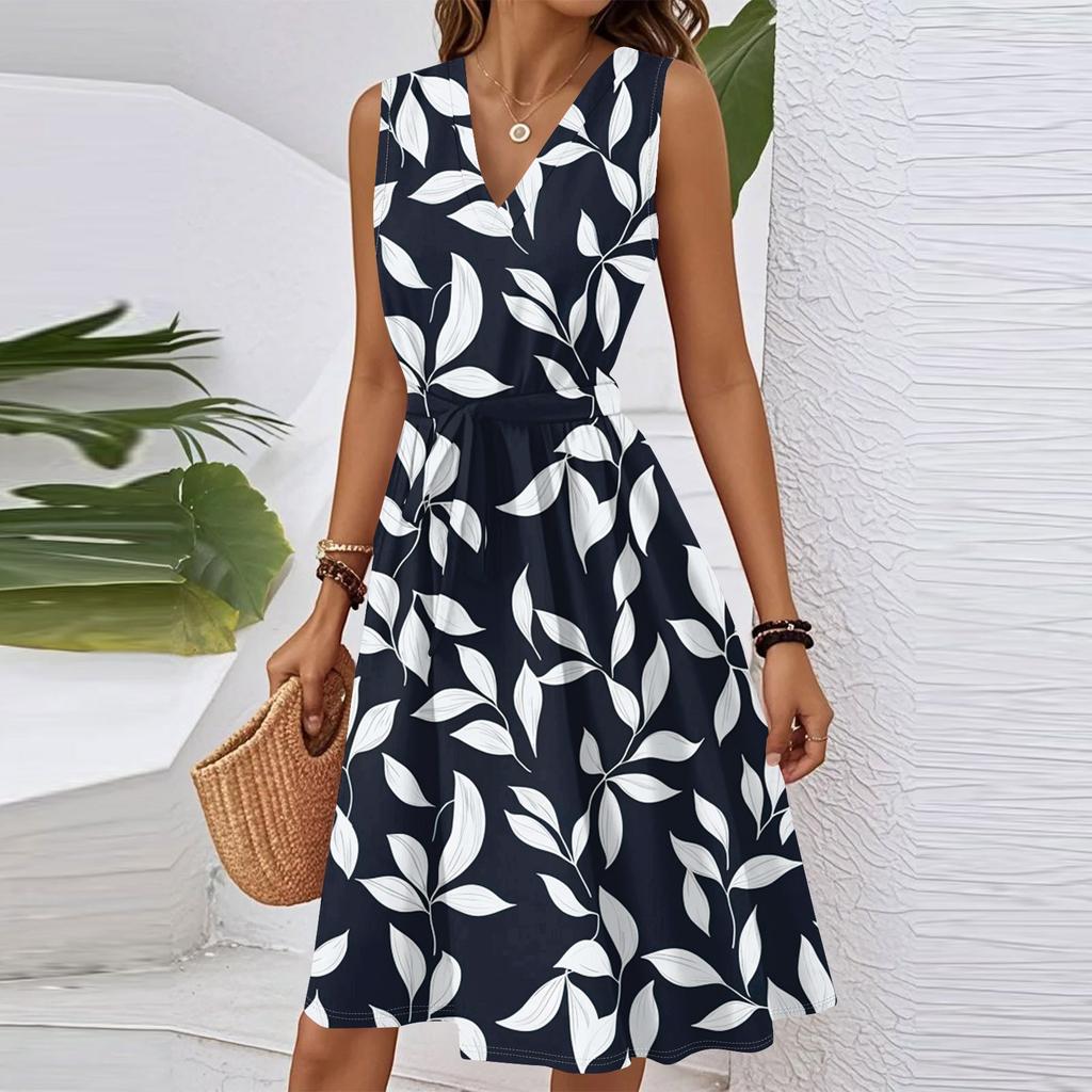 Women's Spring Summer Casual V Neck Sleeveless Waist Floral Print Midi Dress
