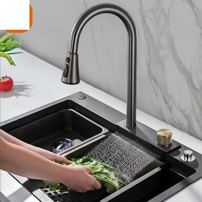 Neue 4 Modi Wasserfall Grau Waschbecken Küchenarmatur Heiß Kalt Herausziehbarer Mischer Sprühkopf Fliegender Regenhahn Einlochmontage an Deck montiert