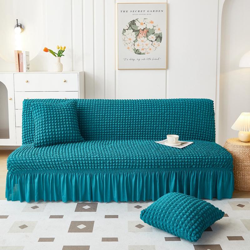 Stretch Slipcover for Armless Sofa Bed Seersucker Fabric Elastic and Washable with Skirt Easy Installation