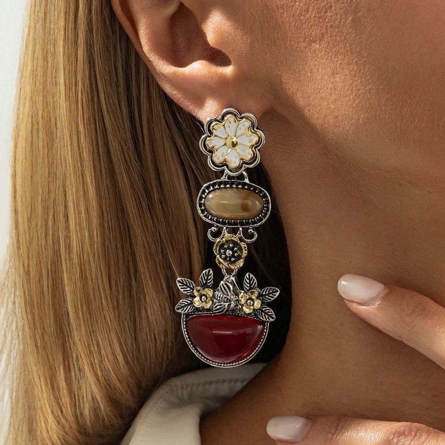 Ingemark Elegant Retro Flower Red Resin Drop Earrings Women Temperament Hanging Piercing Earring Aesthetic Jewelry Accessories