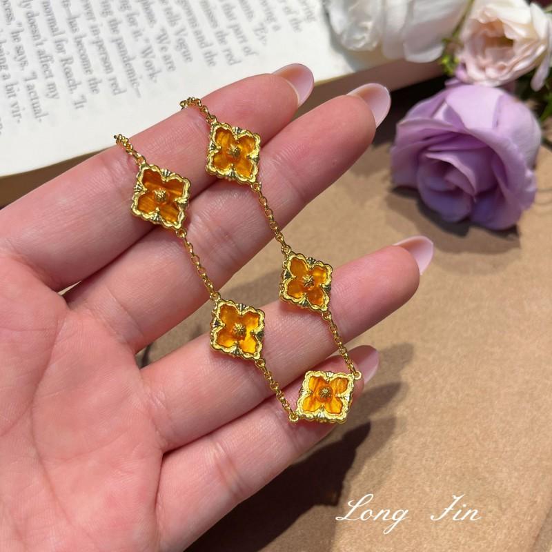 Golden Floral Jewelry Set Women Necklace Bracelet Earrings With Clover Flower Motifs Electroplated Eco Copper Vintage Chic