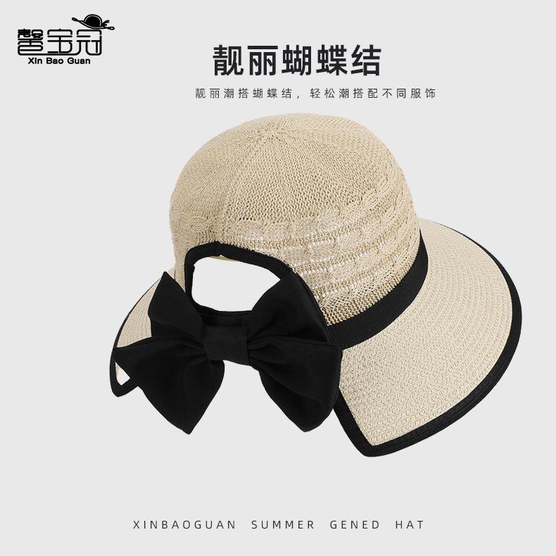 Summer Sun Hat Children's Fashion Versatile Bow Ponytail Hole Big Brim Straw Hat Outdoor Travel Sun Hat