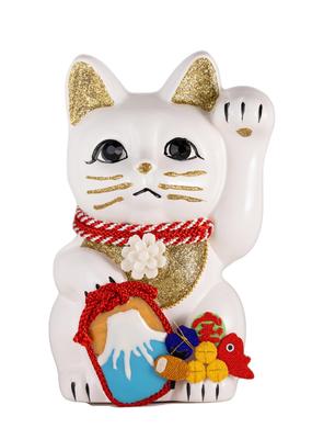 Lucky Cat Fuji Left Hand Cat Lucky Cat Maneki Cat Fujiyama Lucky Feng Shui Ornament Offerory Box White Mt. (M-SIZE White) Raised/Ceramic_Lucky (fj_M