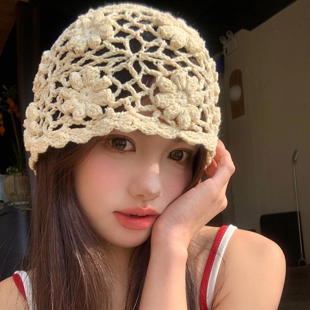 3D Flower Candy Knitted Hat Hand Hook Crochet Beanie Cap Sweet Women Bald Hat