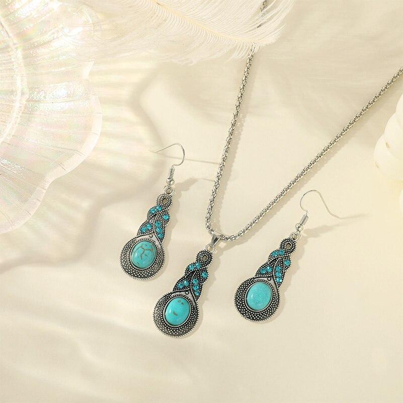 3-teiliges Halsketten-Ohrring-Set für Männer und Frauen im Vintage-Stil, eingelegter blauer Kristall, türkisfarbener Anhänger mit Laternenkette, Schmuck